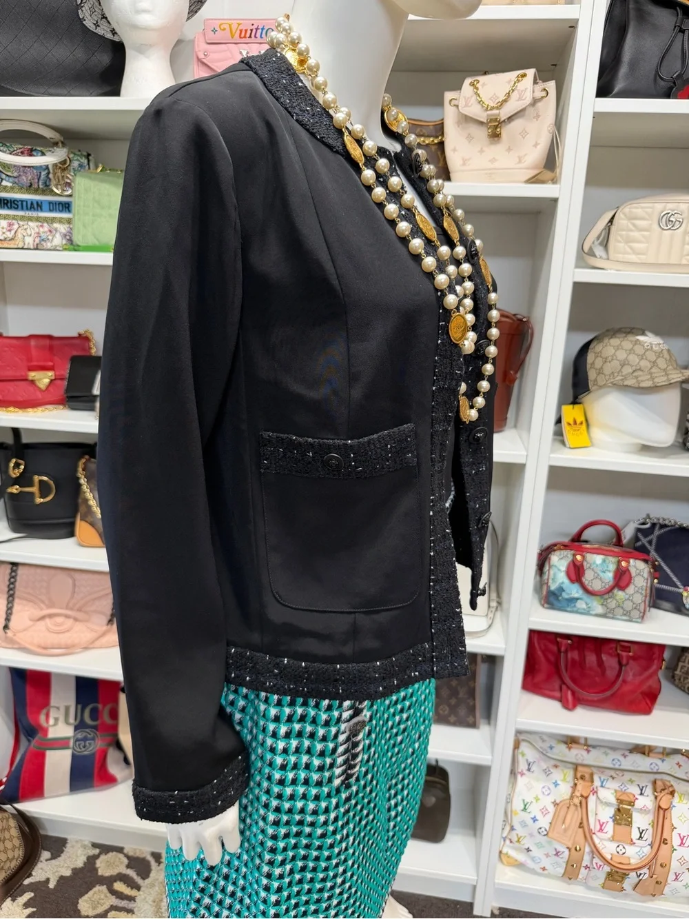 Chanel Classic Black Tweed-Trim Jacket Uniform Women 36